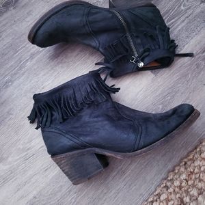 AllSaints Distressed Black Bonny Cuban Fringe Booties Ankle Boots 40/10